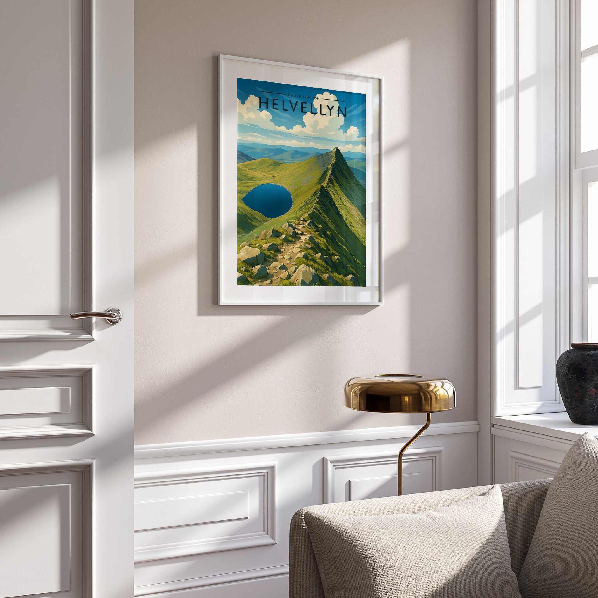 Helvellyn Travel Poster in a white frame on a panelled wall