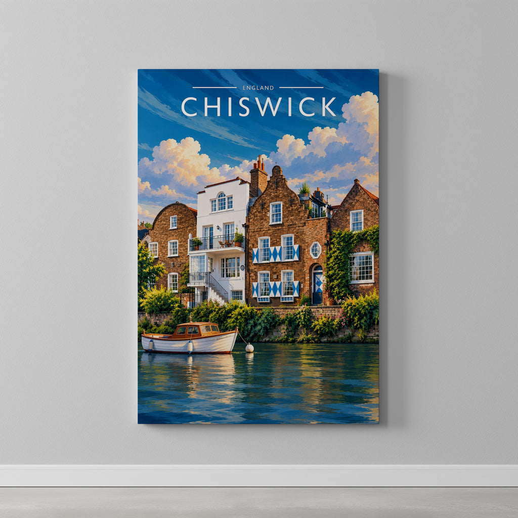 Chiswick Travel Poster as a gallery-wrapped canvas on a plain wall