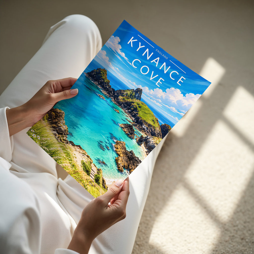 Kynance Cove Travel Poster - A4 print in hand