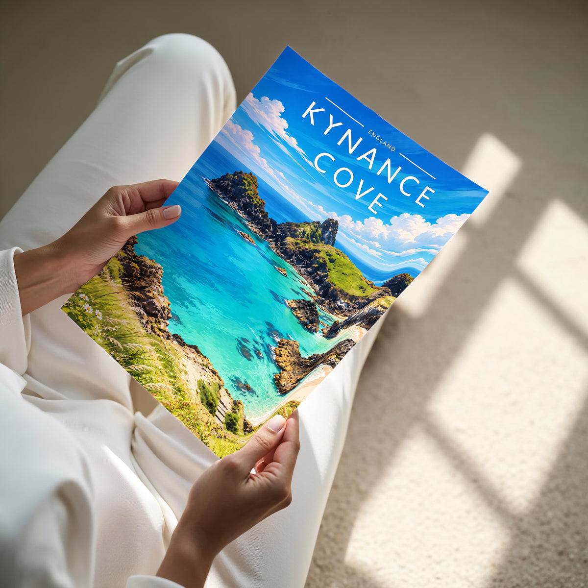 Kynance Cove Travel Poster - A4 print held in hand