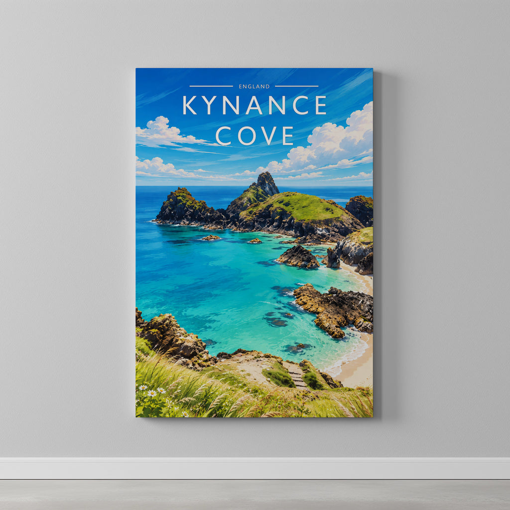 Kynance Cove Travel Poster as a gallery-wrapped canvas on a plain wall