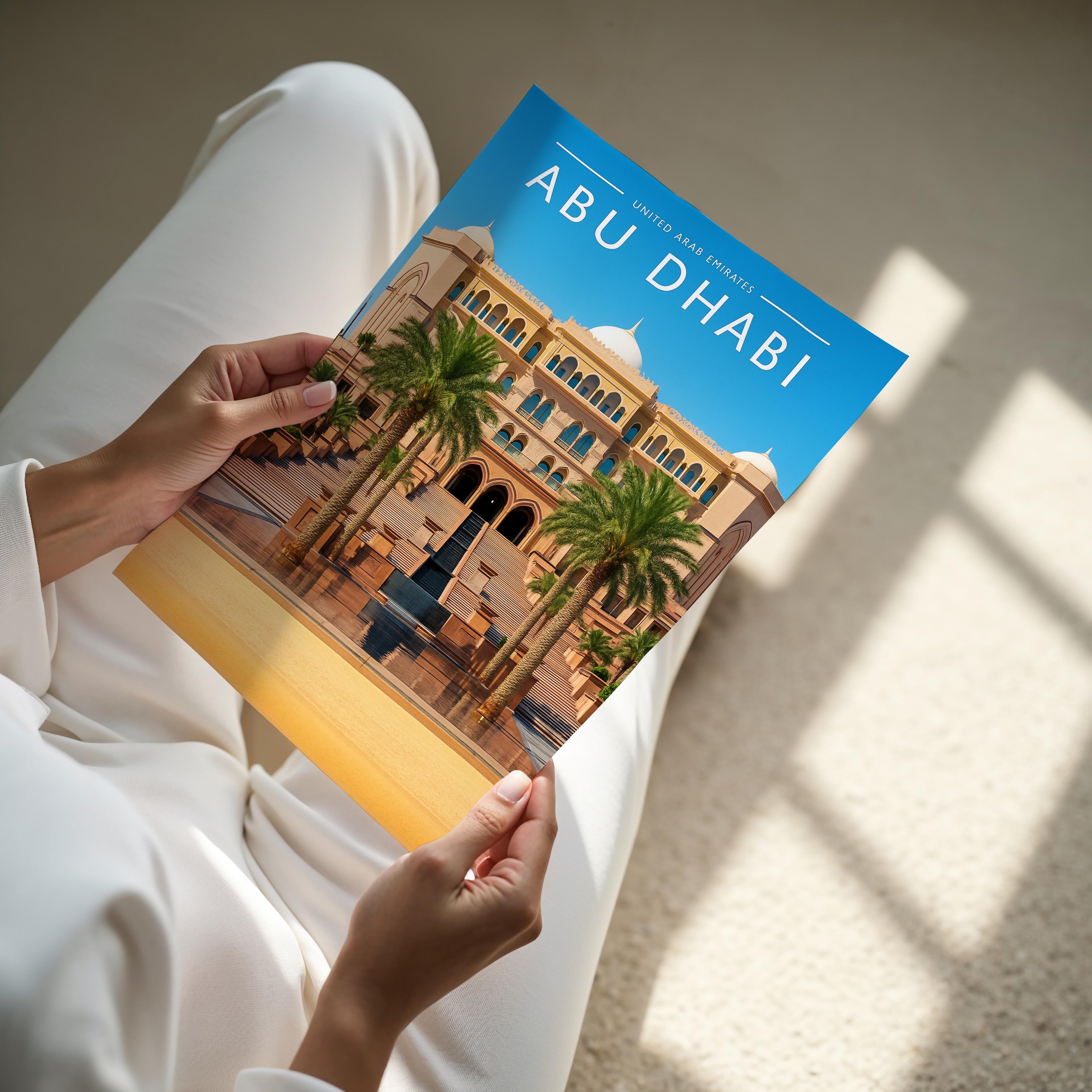 Abu Dhabi Travel Poster - A4 print held in hand