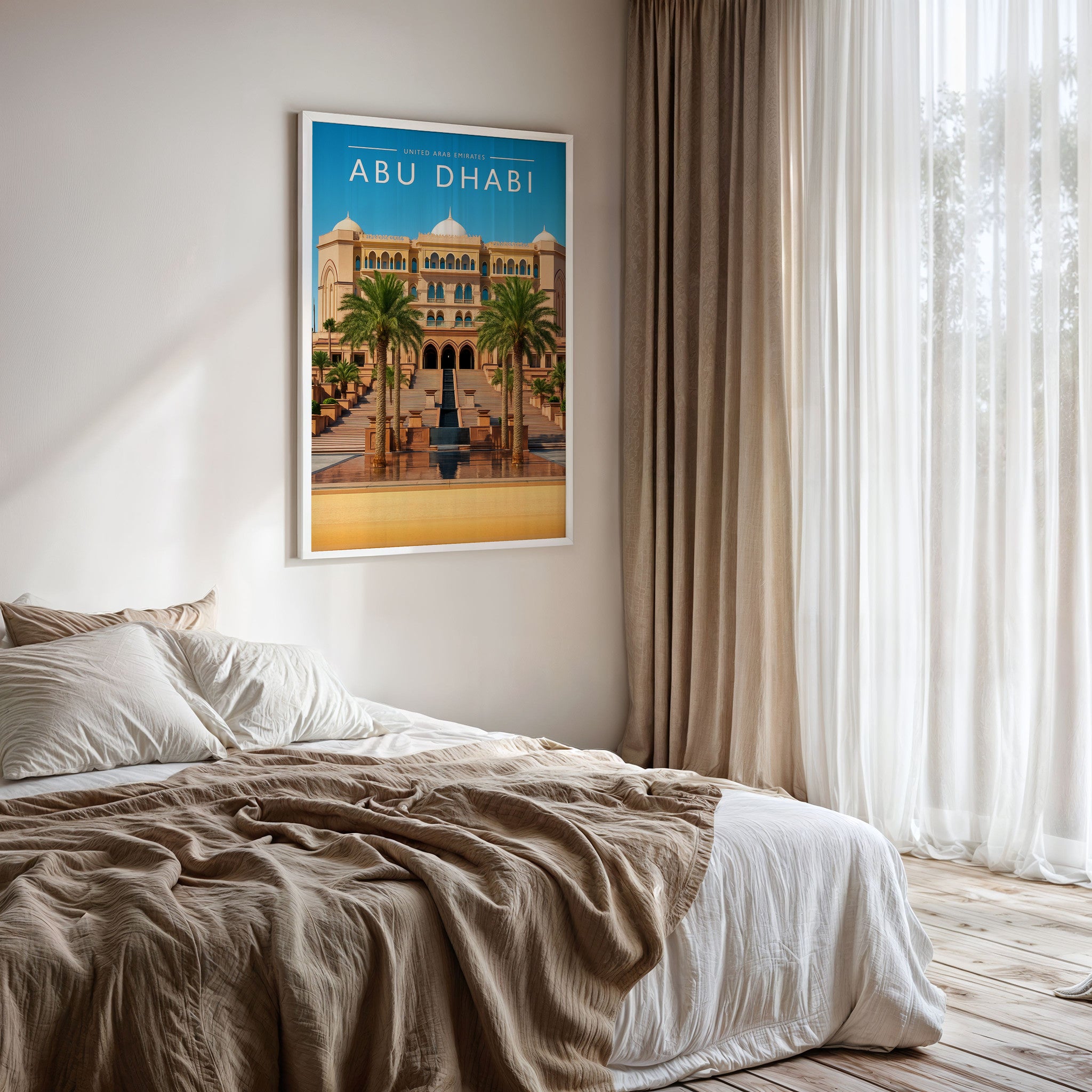 Abu Dhabi Travel Poster framed on a bedroom wall