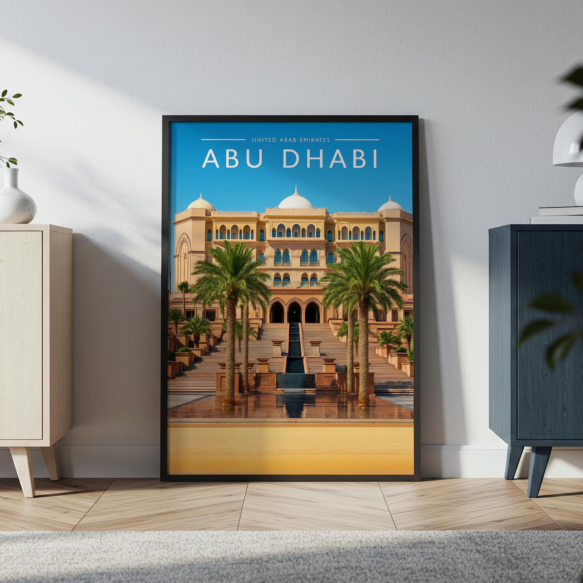 Abu Dhabi Travel Poster in a black frame
