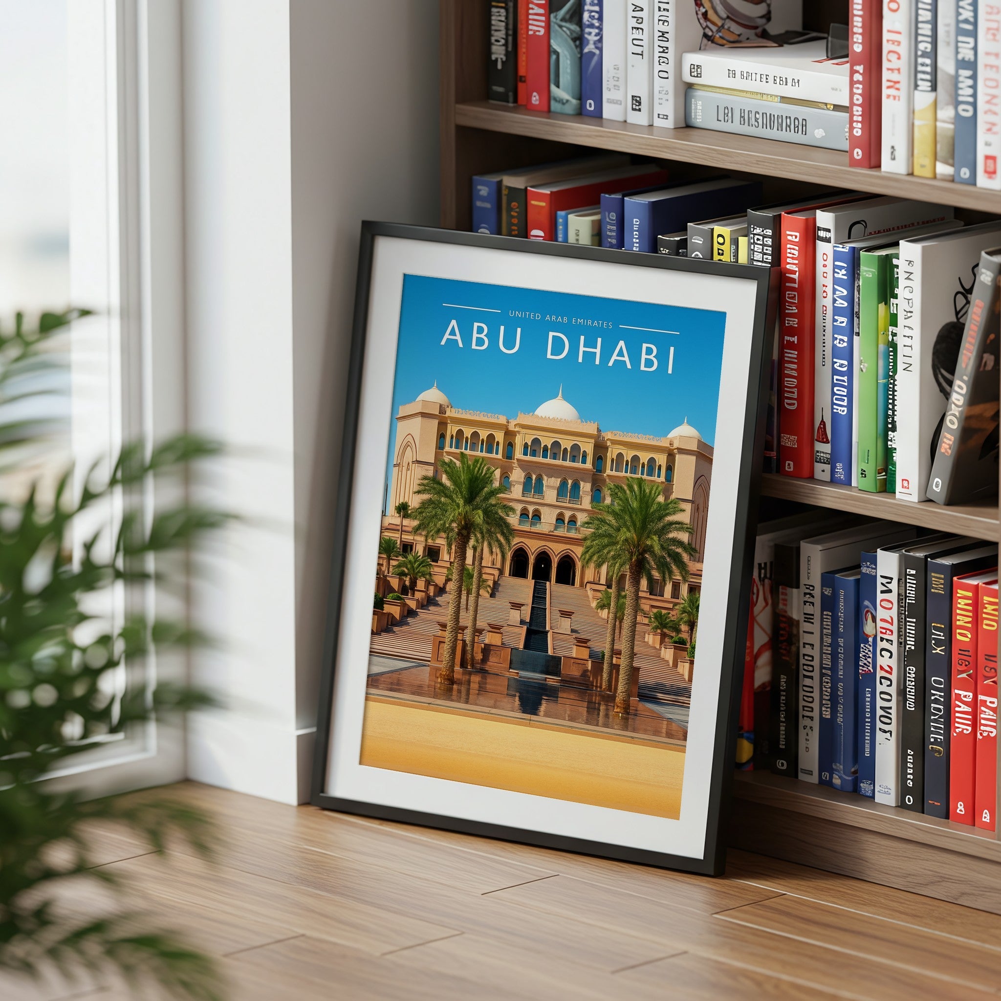 Abu Dhabi Travel Poster mounted in a black frame