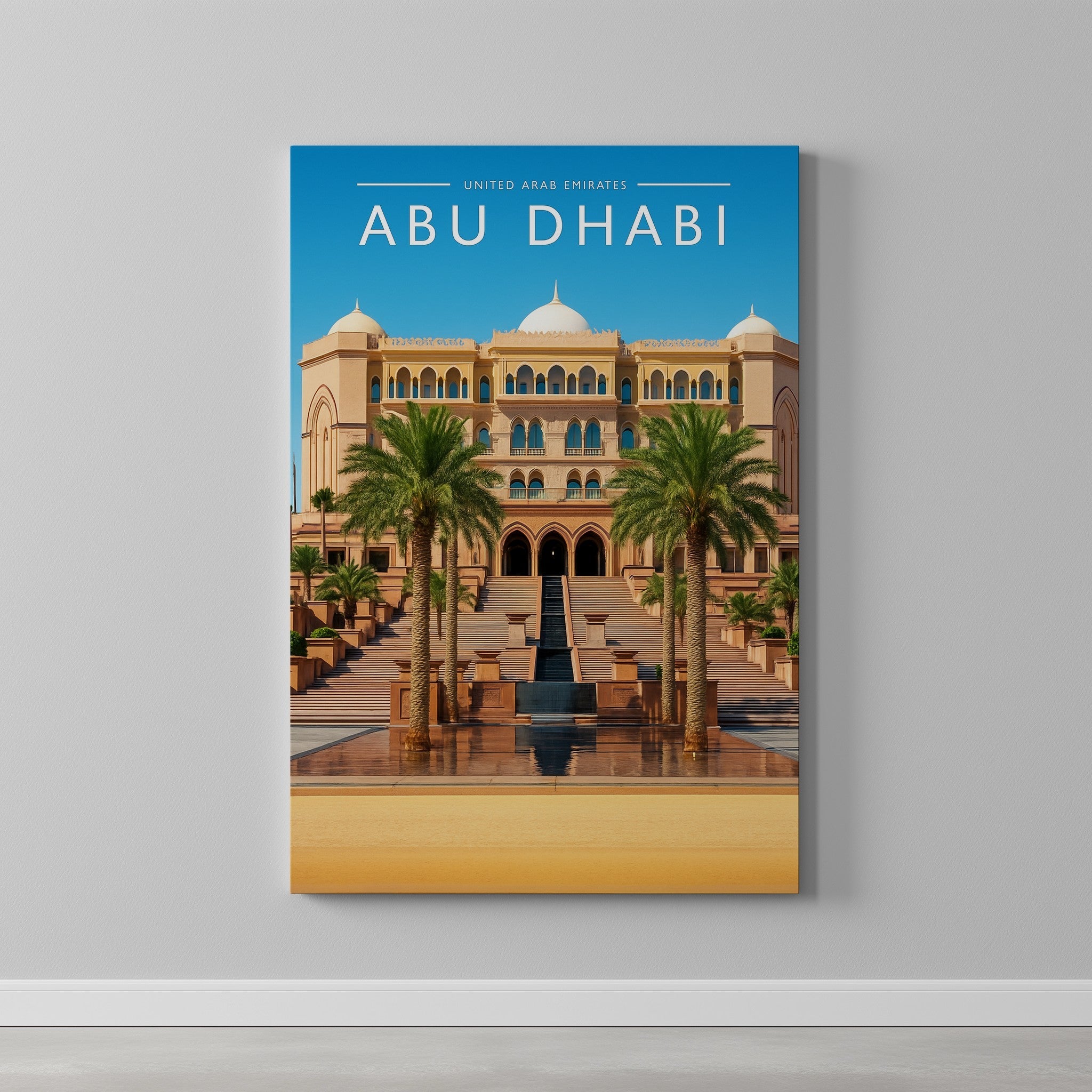 Abu Dhabi Travel Poster as a gallery-wrapped canvas on a plain wall