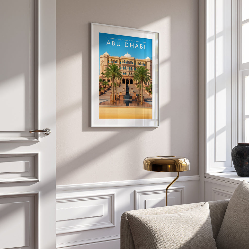 Abu Dhabi Travel Poster in a white frame on a panelled wall