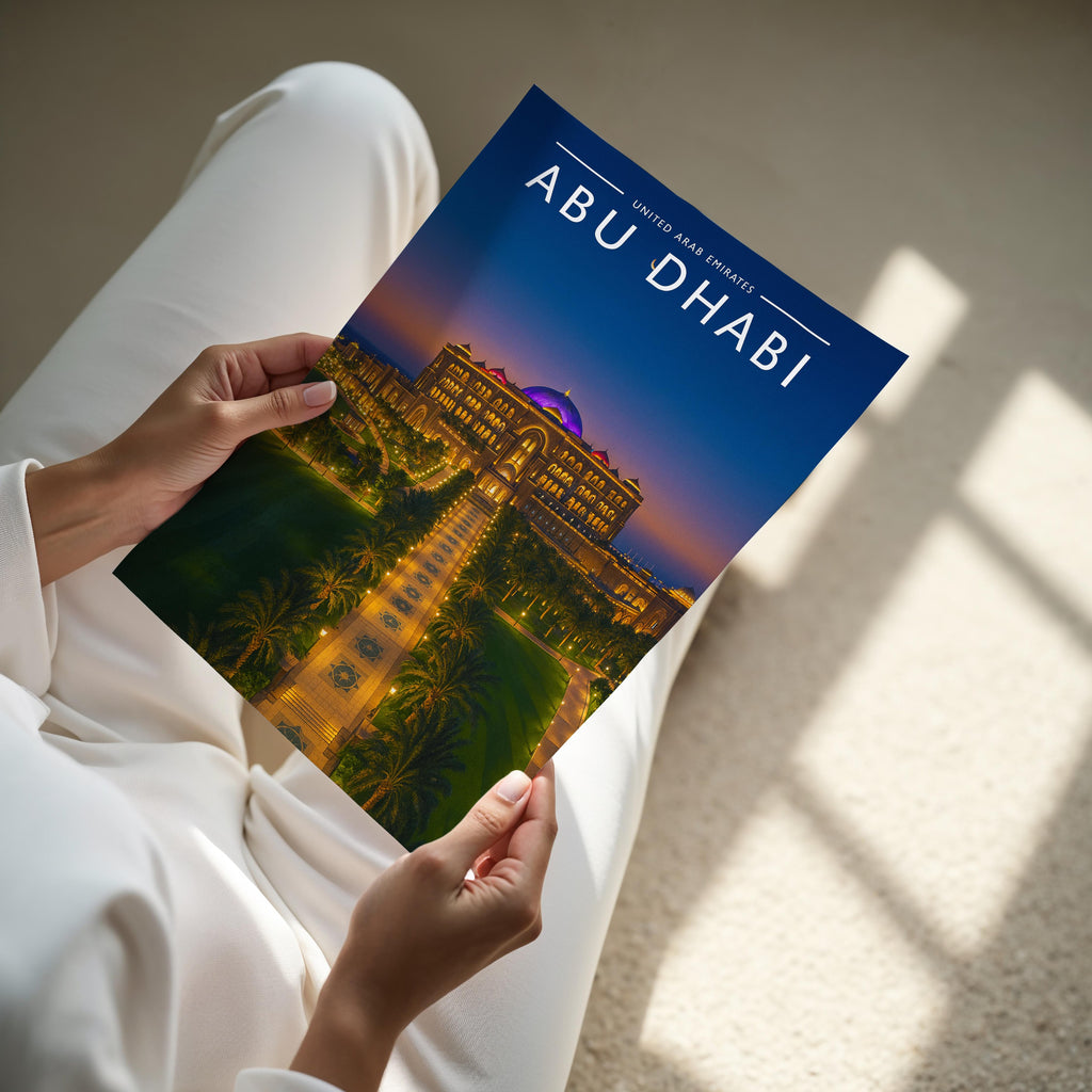Abu Dhabi #2 Travel Poster - A4 print held in hand