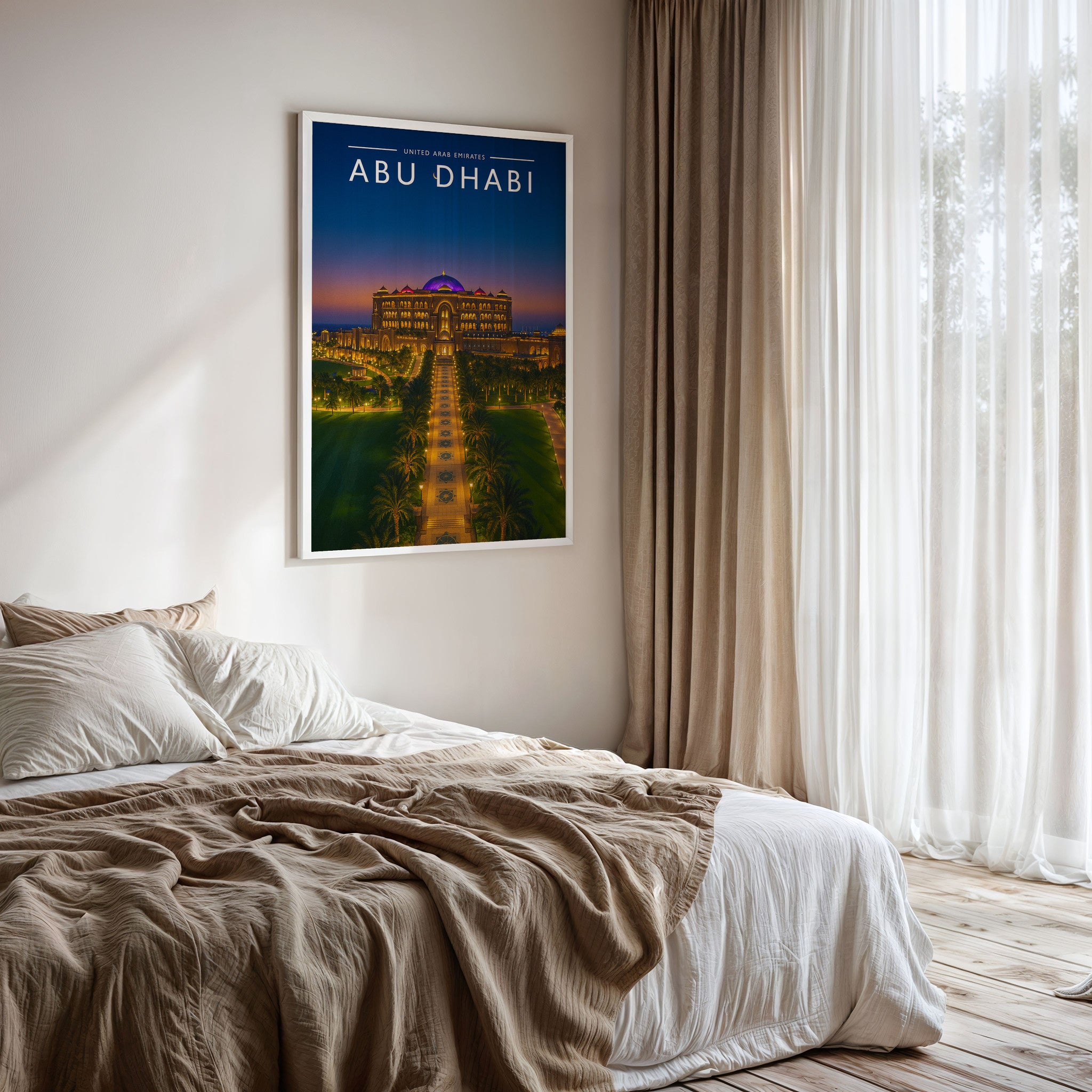 Abu Dhabi #2 Travel Poster framed on a bedroom wall