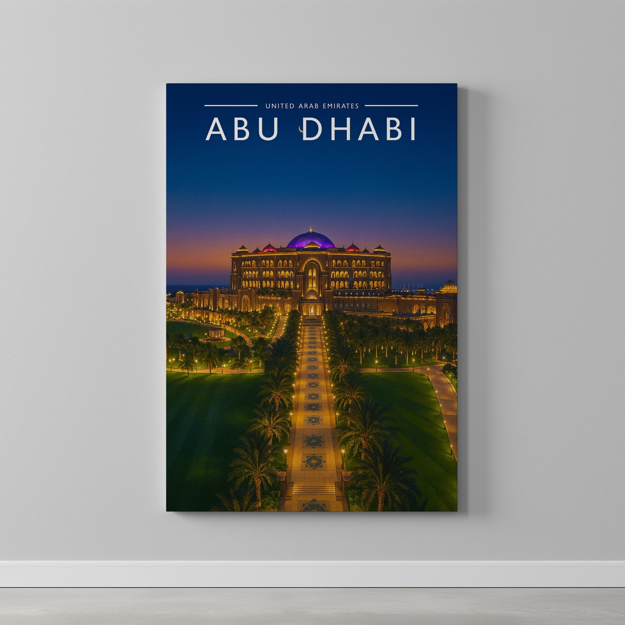 Abu Dhabi #2 Travel Poster as a gallery-wrapped canvas on a plain wall