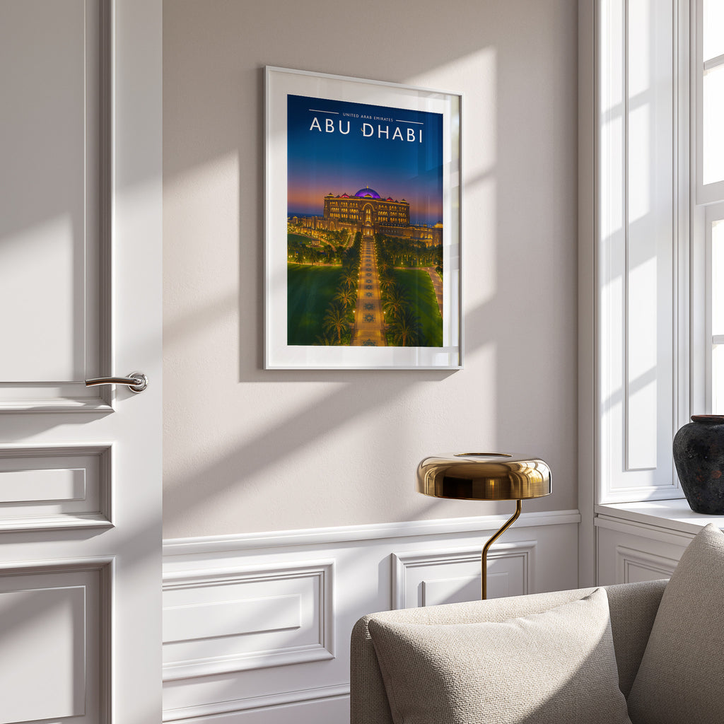 Abu Dhabi #2 Travel Poster in a white frame on a panelled wall