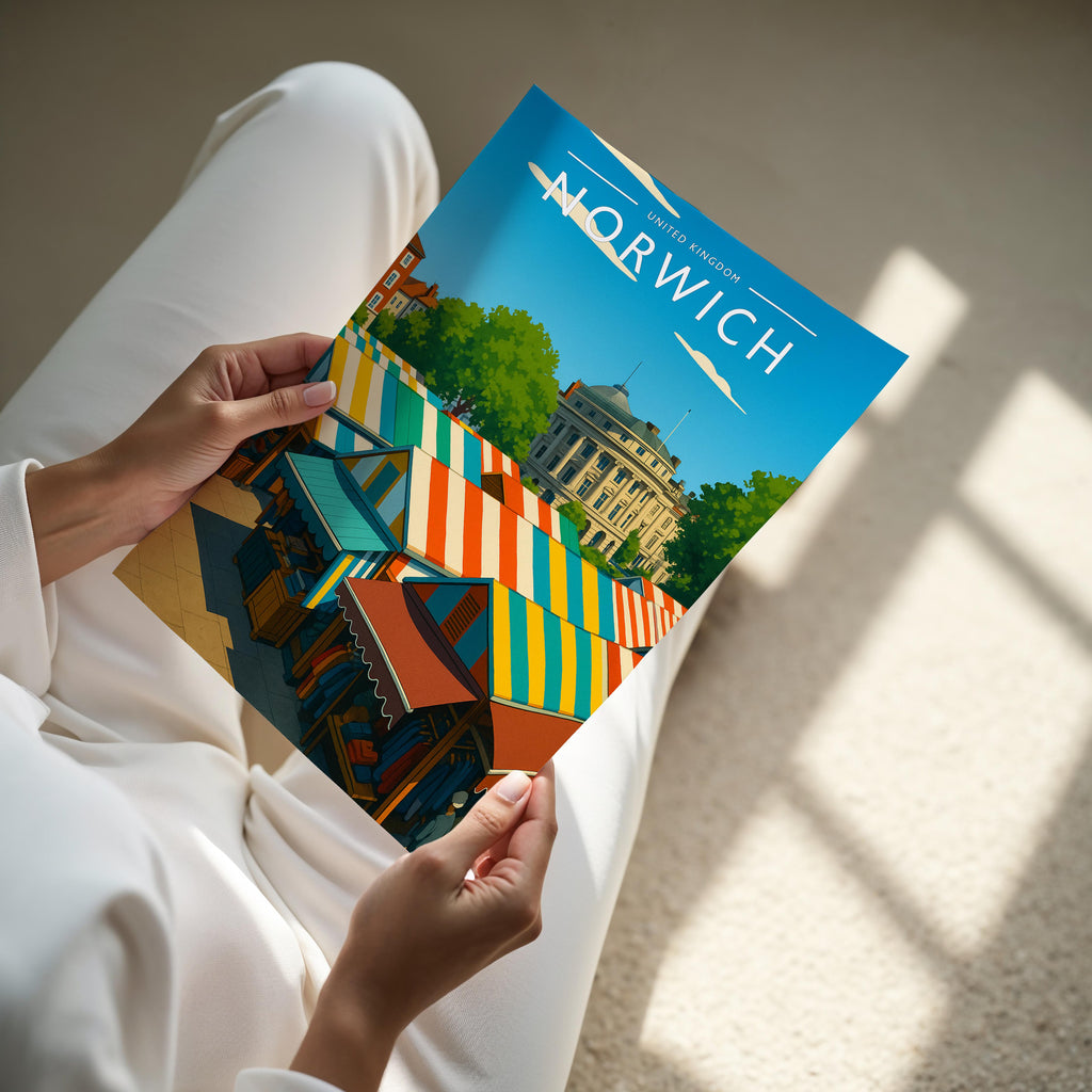 Norwich Travel Poster - A4 print held in hand
