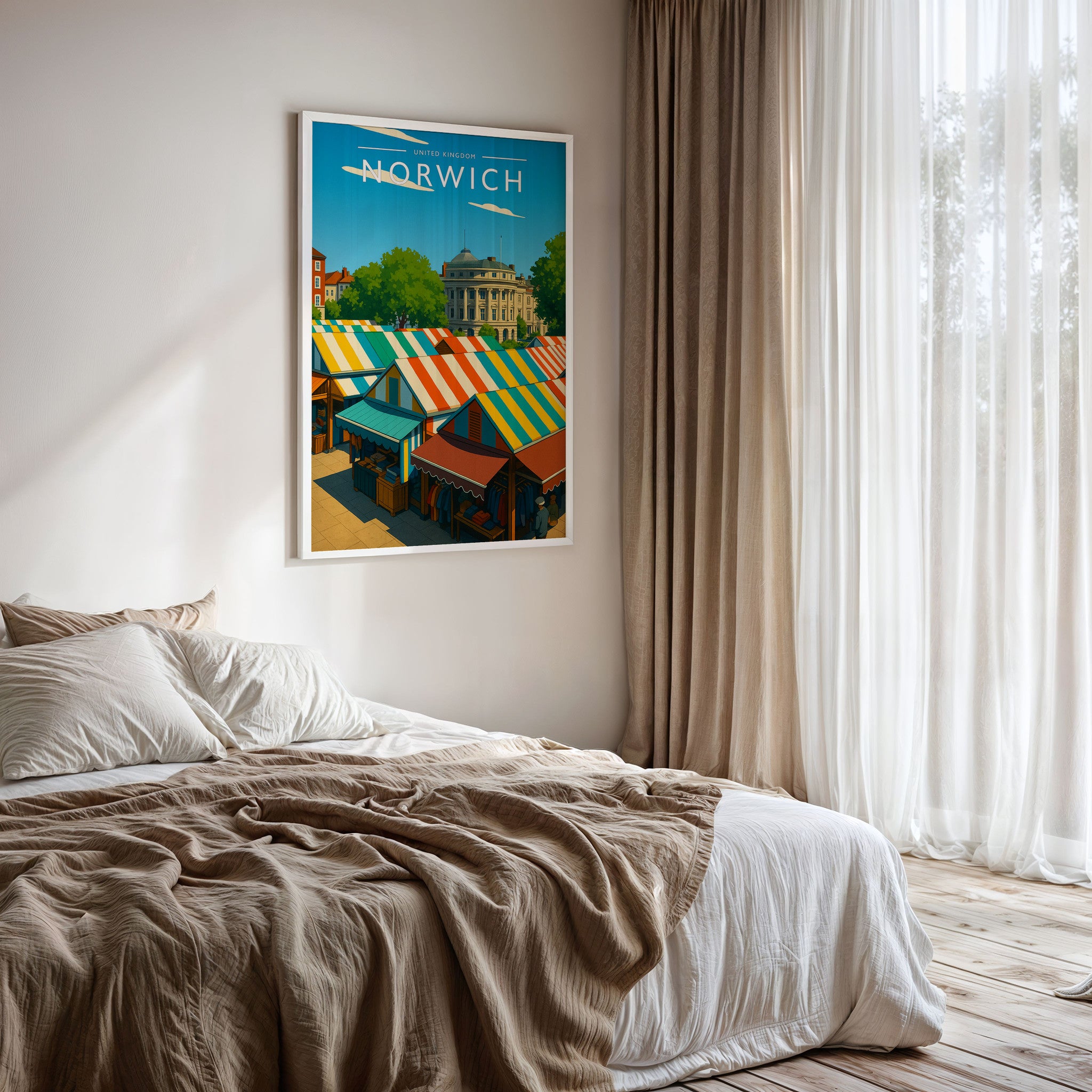 Norwich Travel Poster framed on a bedroom wall