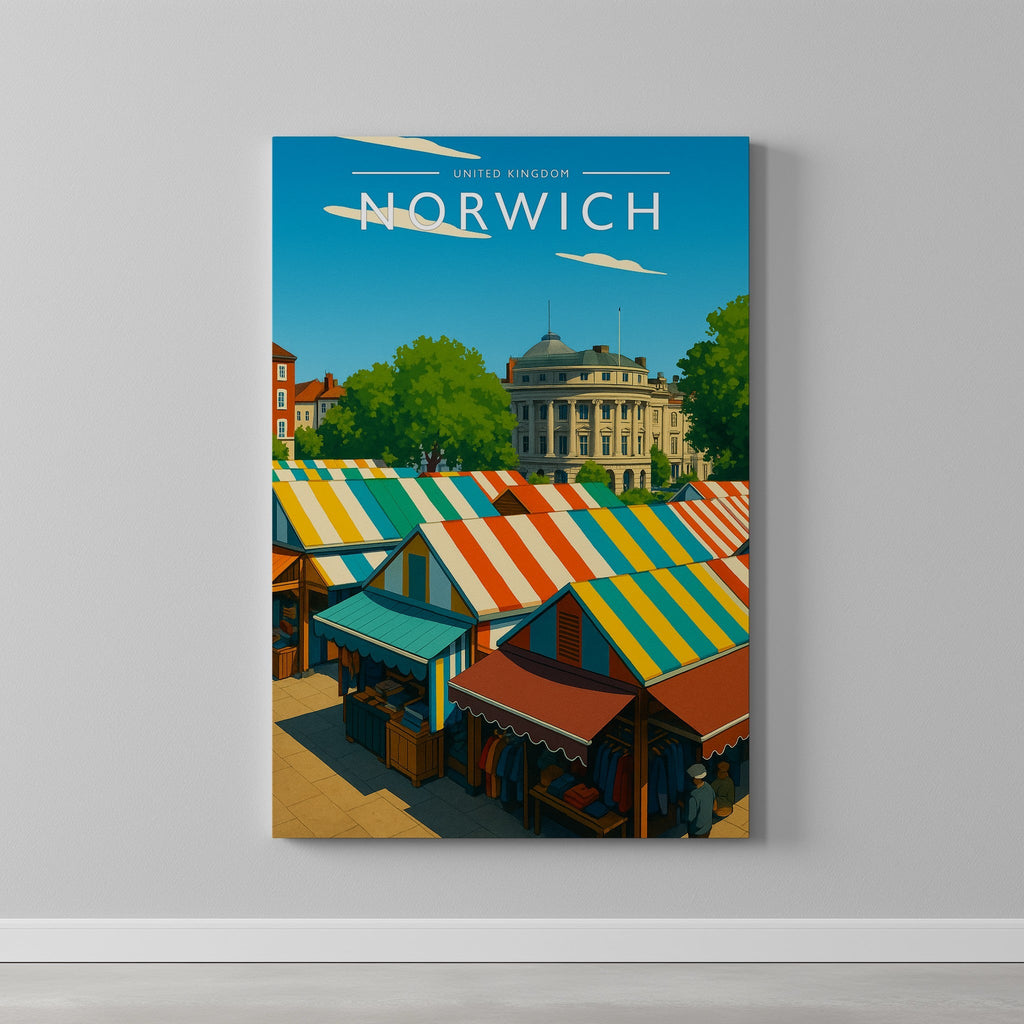 Norwich Travel Poster as a gallery-wrapped canvas on a plain wall