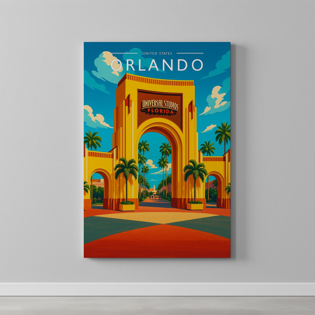 Orlando Travel Poster as a gallery-wrapped canvas on a plain wall