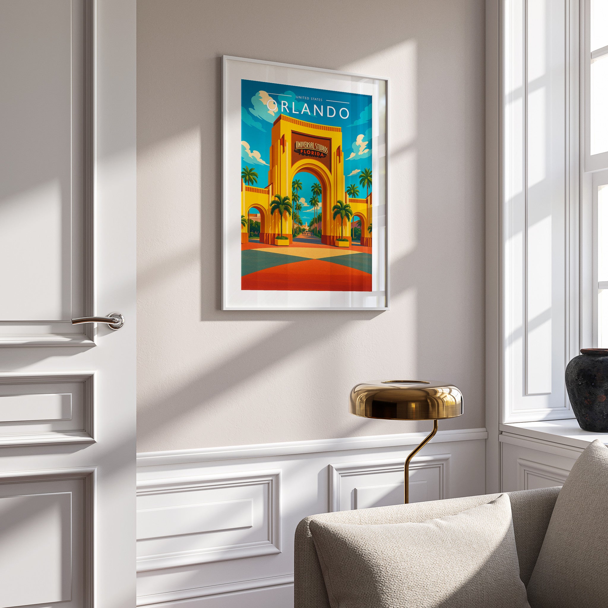Orlando Travel Poster in a white frame on a panelled wall