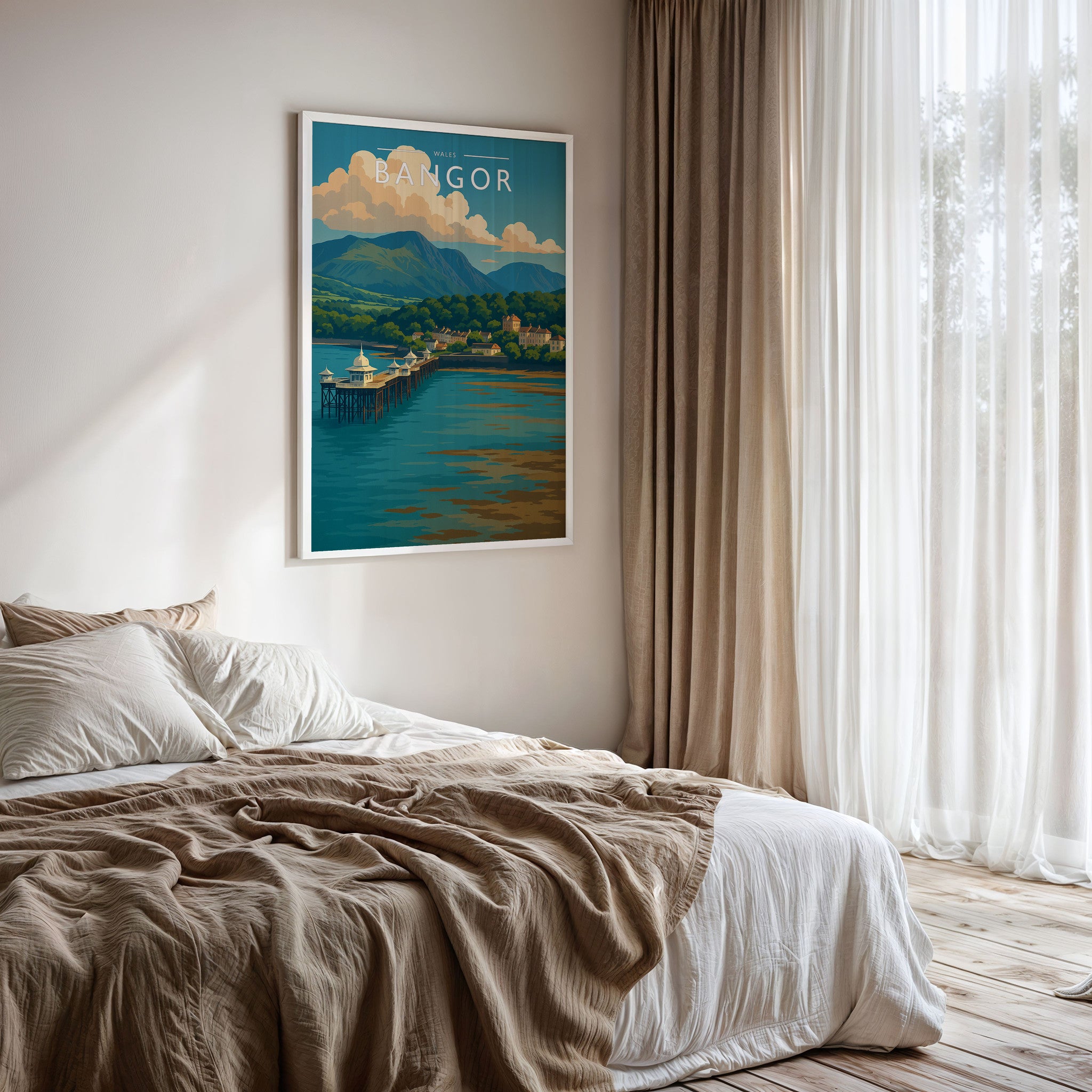 Bangor Travel Poster framed on a bedroom wall