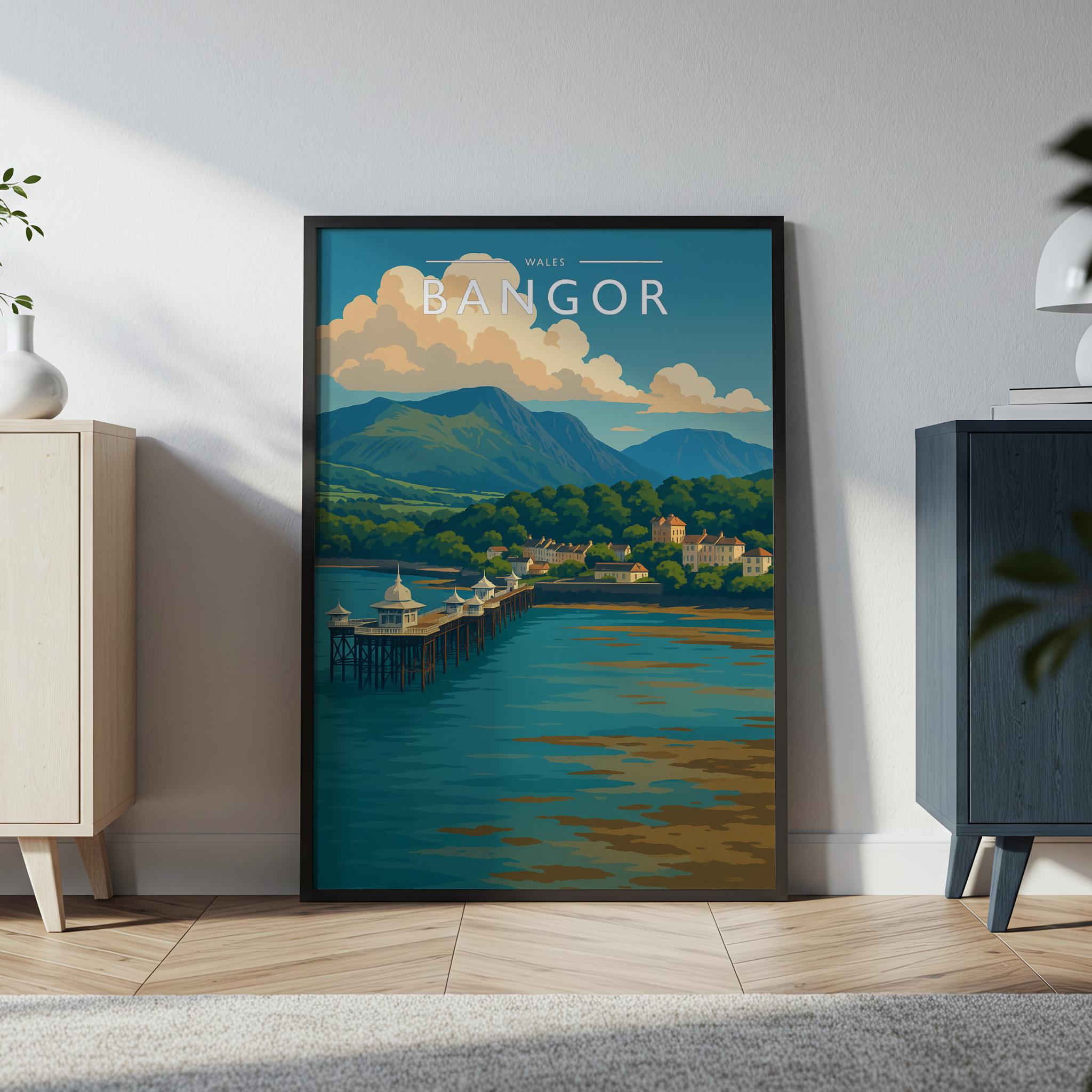 Bangor Travel Poster in a black frame