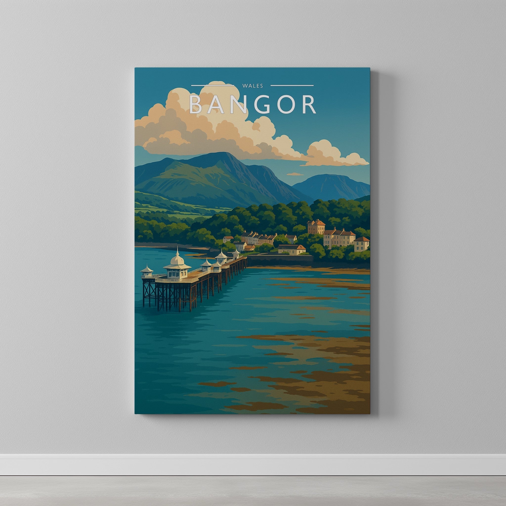 Bangor Travel Poster as a gallery-wrapped canvas on a plain wall