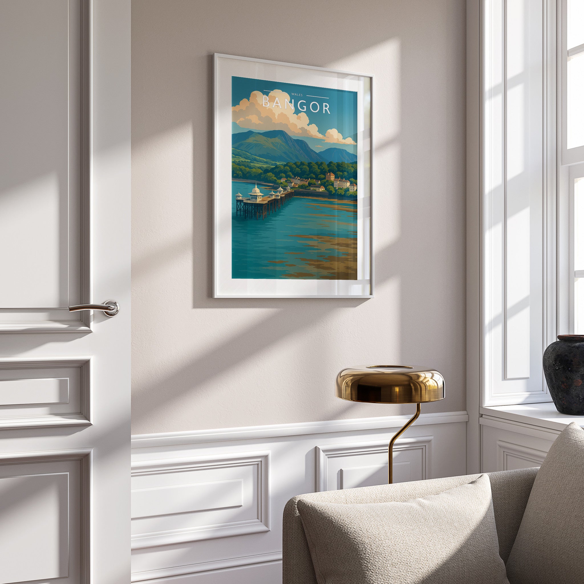 Bangor Travel Poster in a white frame on a panelled wall