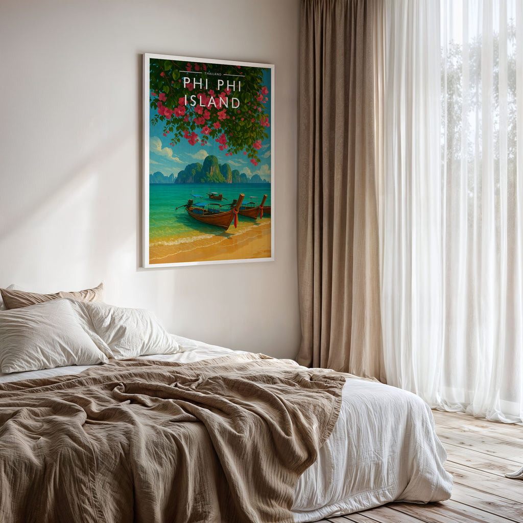 Phi Phi Island Travel Poster framed on a bedroom wall