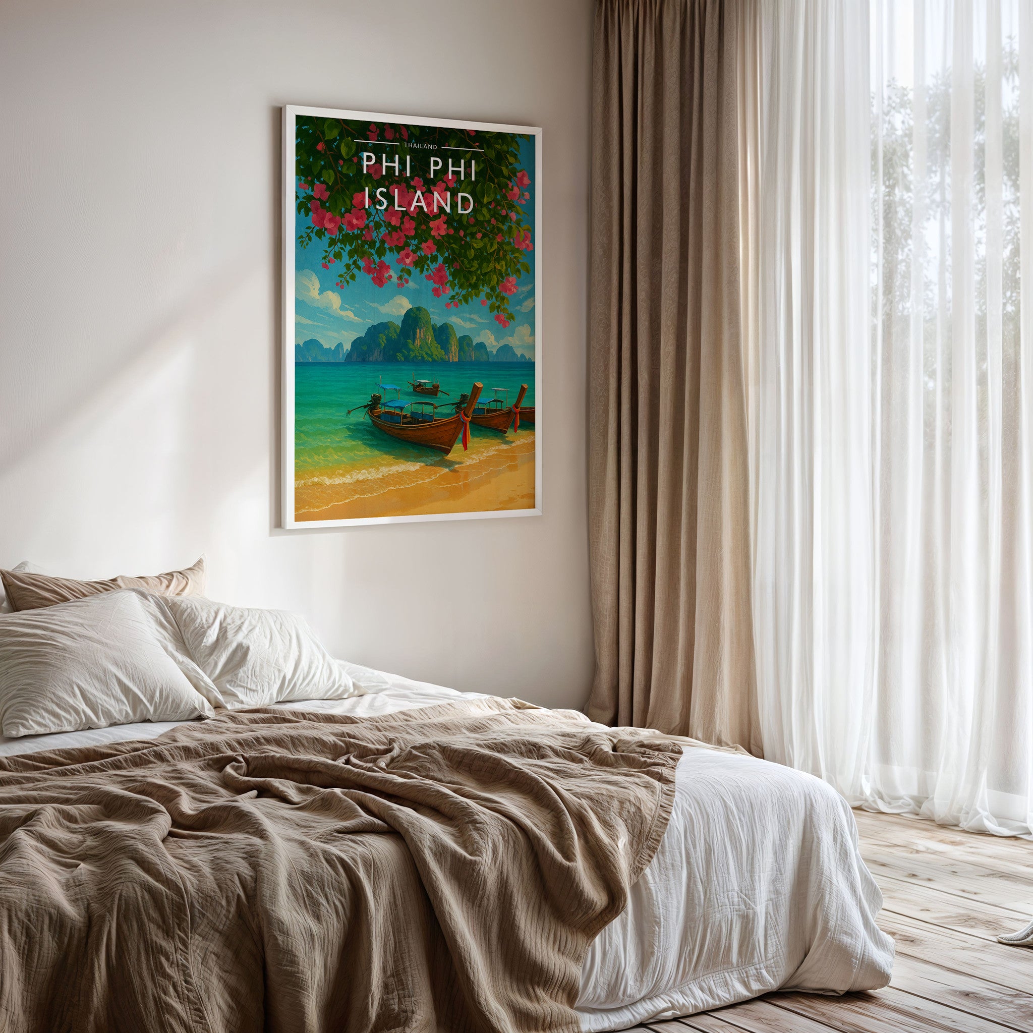 Phi Phi Island Travel Poster framed on a bedroom wall