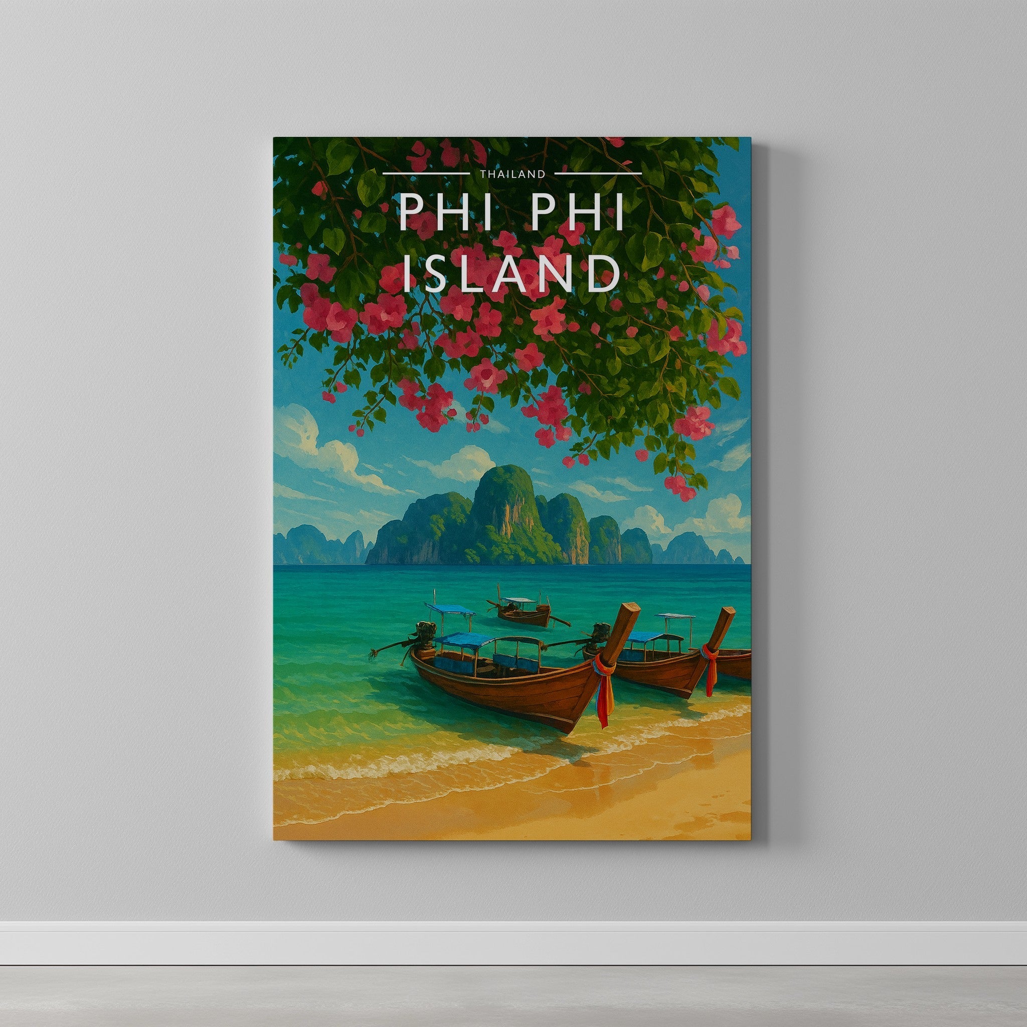 Phi Phi Island Travel Poster as a gallery-wrapped canvas on a plain wall