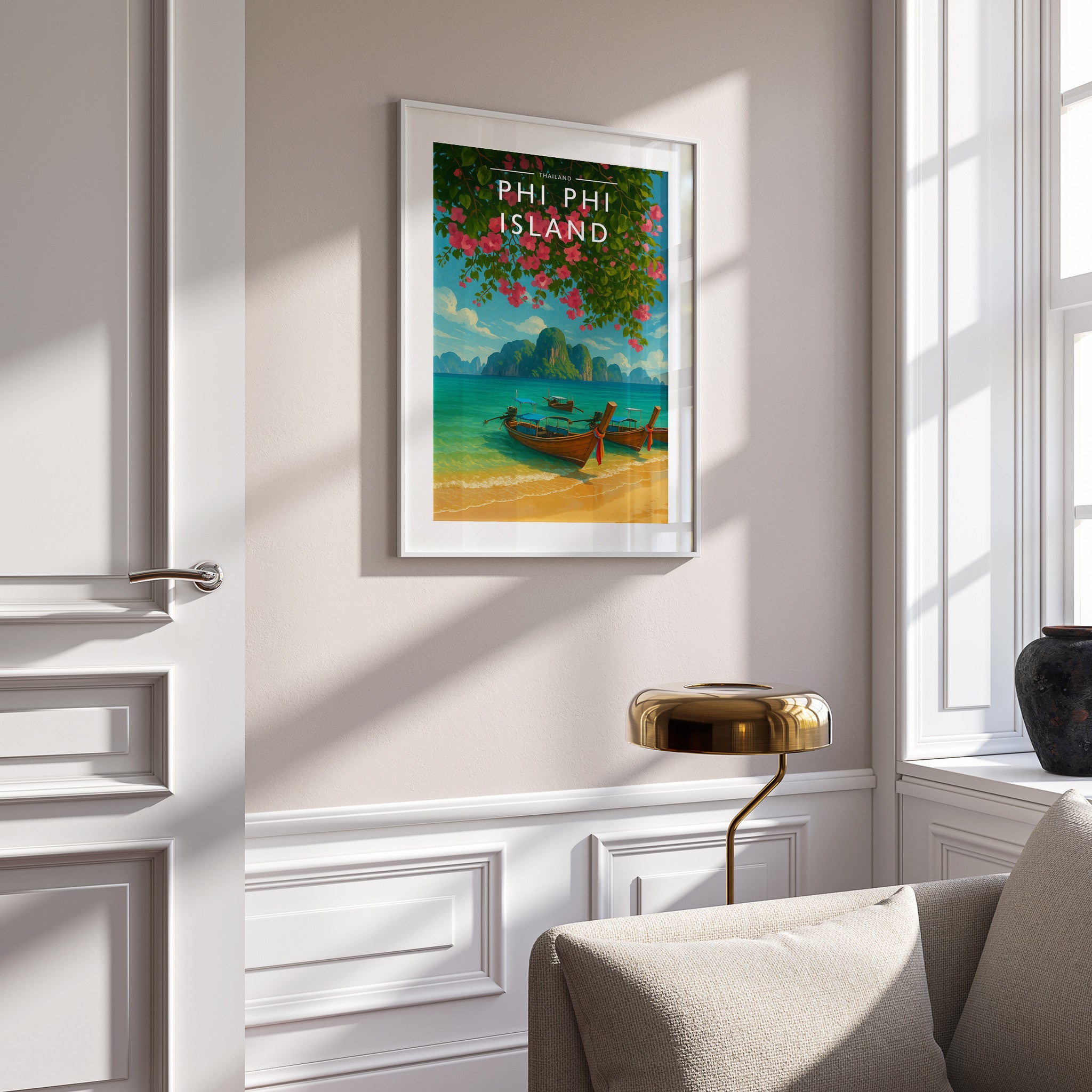 Phi Phi Island Travel Poster in a white frame on a panelled wall