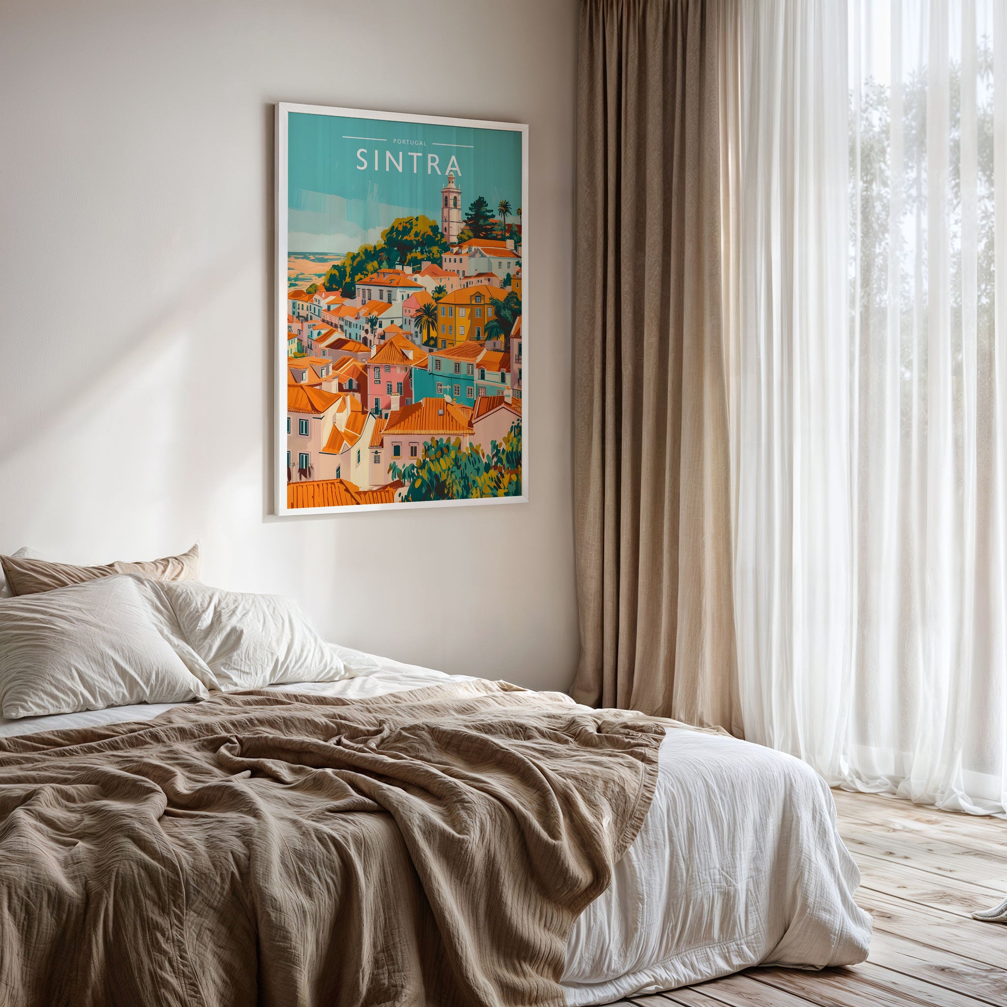 Sintra Travel Poster framed on a bedroom wall