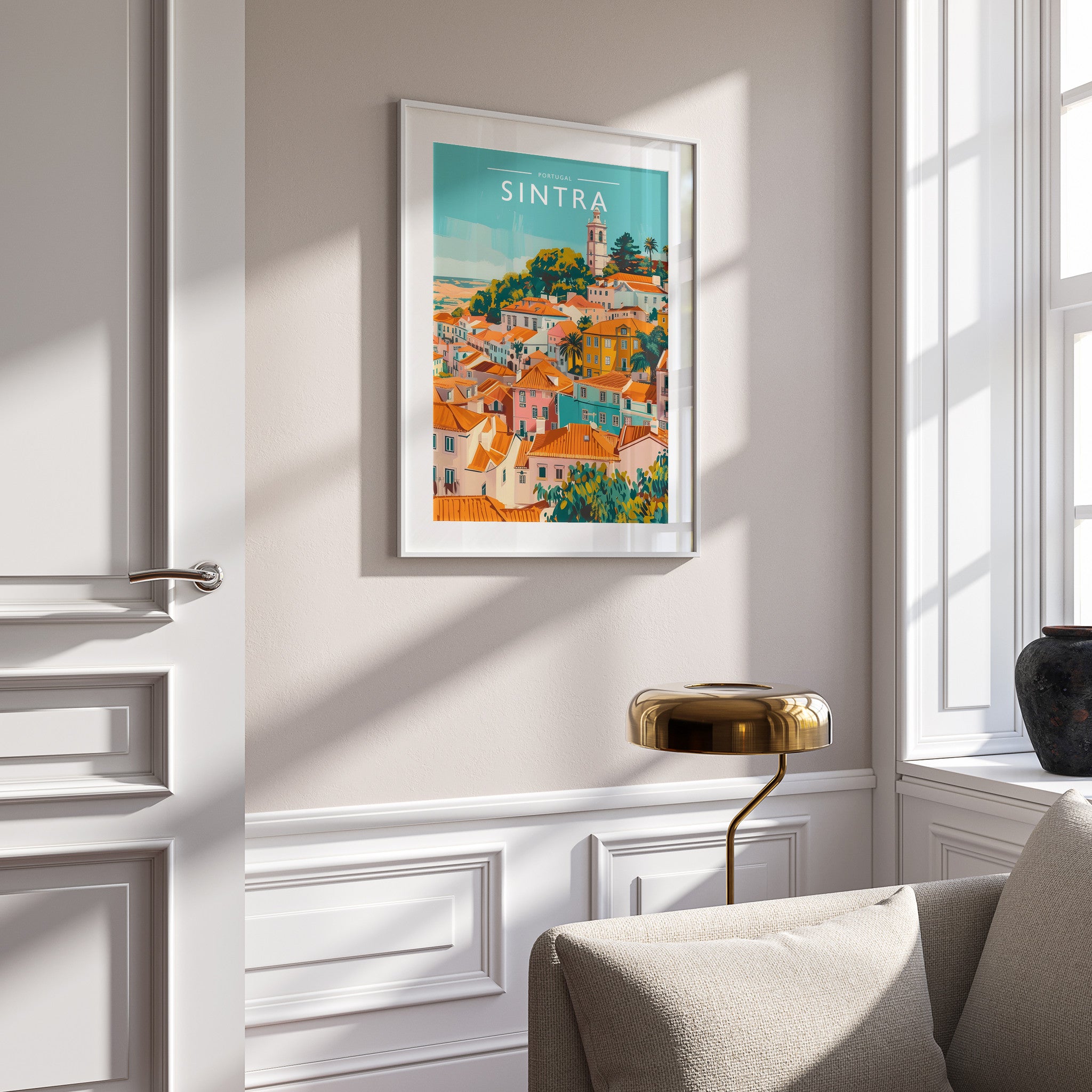 Sintra Travel Poster in a white frame on a panelled wall