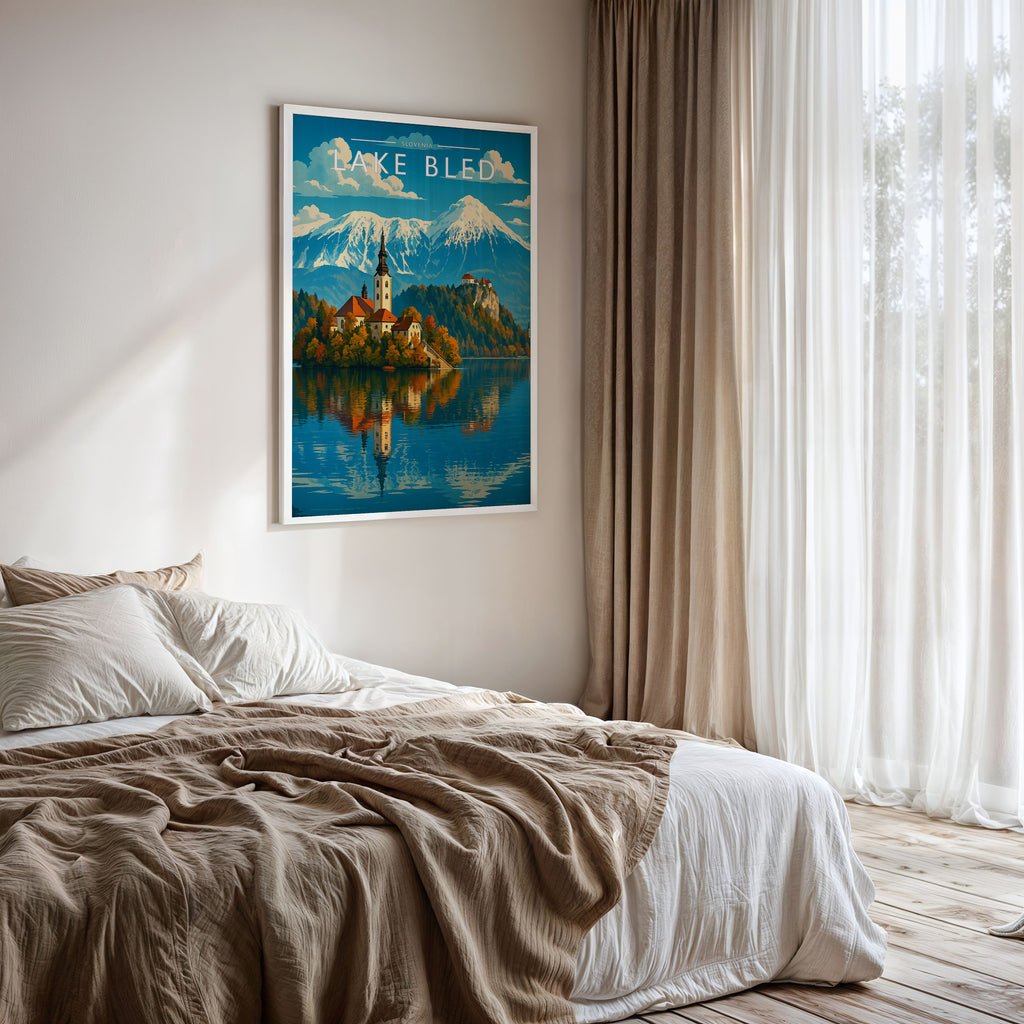 Lake Bled Travel Poster framed on a bedroom wall
