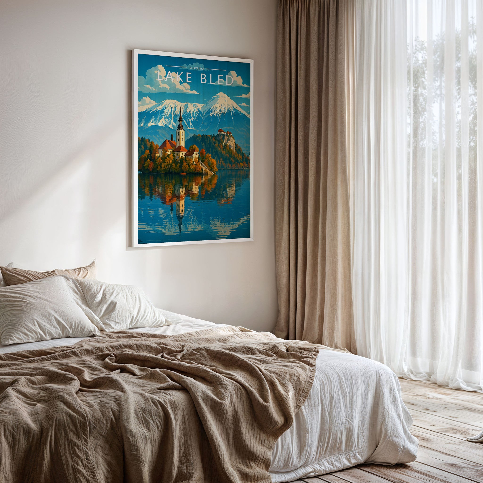 Lake Bled Travel Poster framed on a bedroom wall