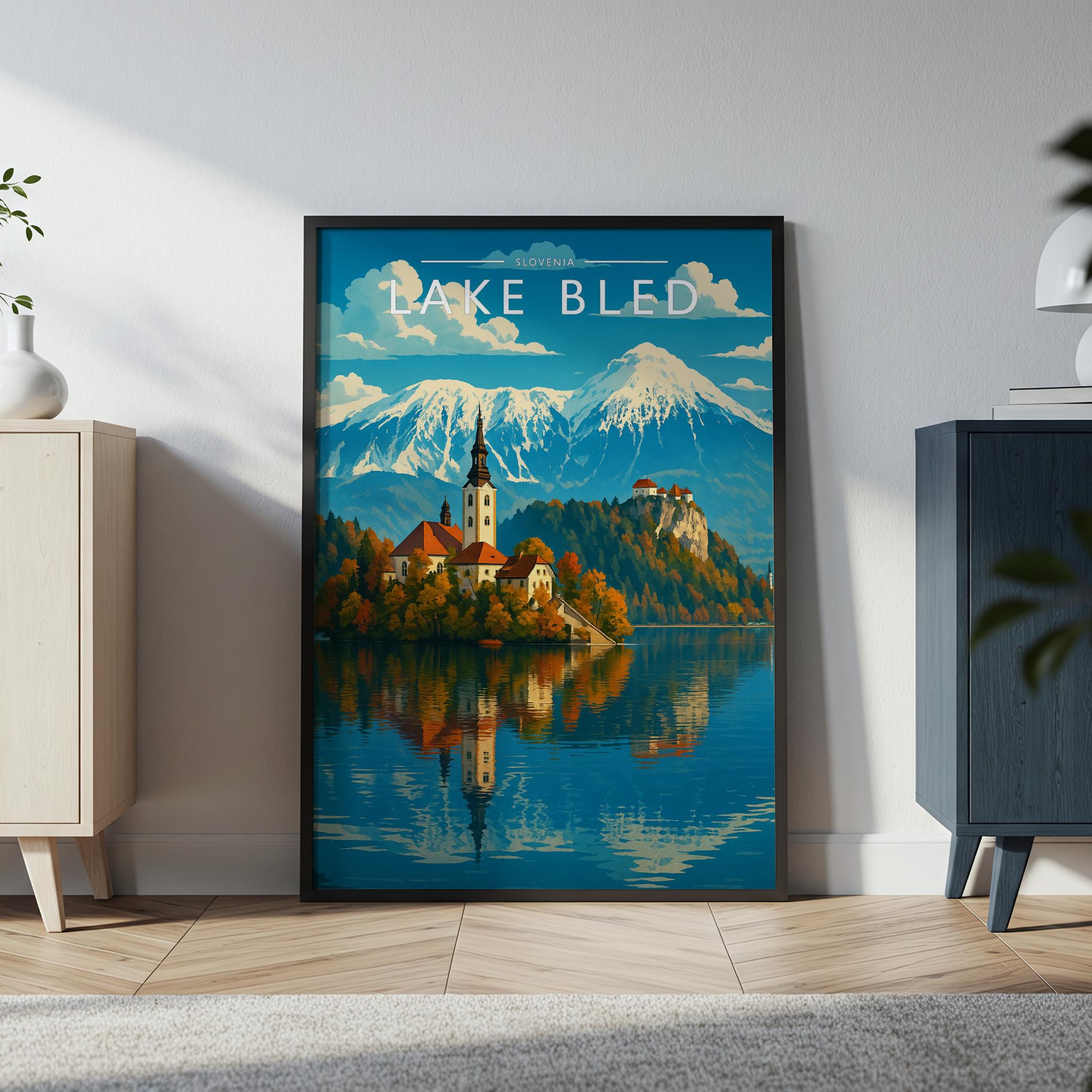 Lake Bled Travel Poster in a black frame