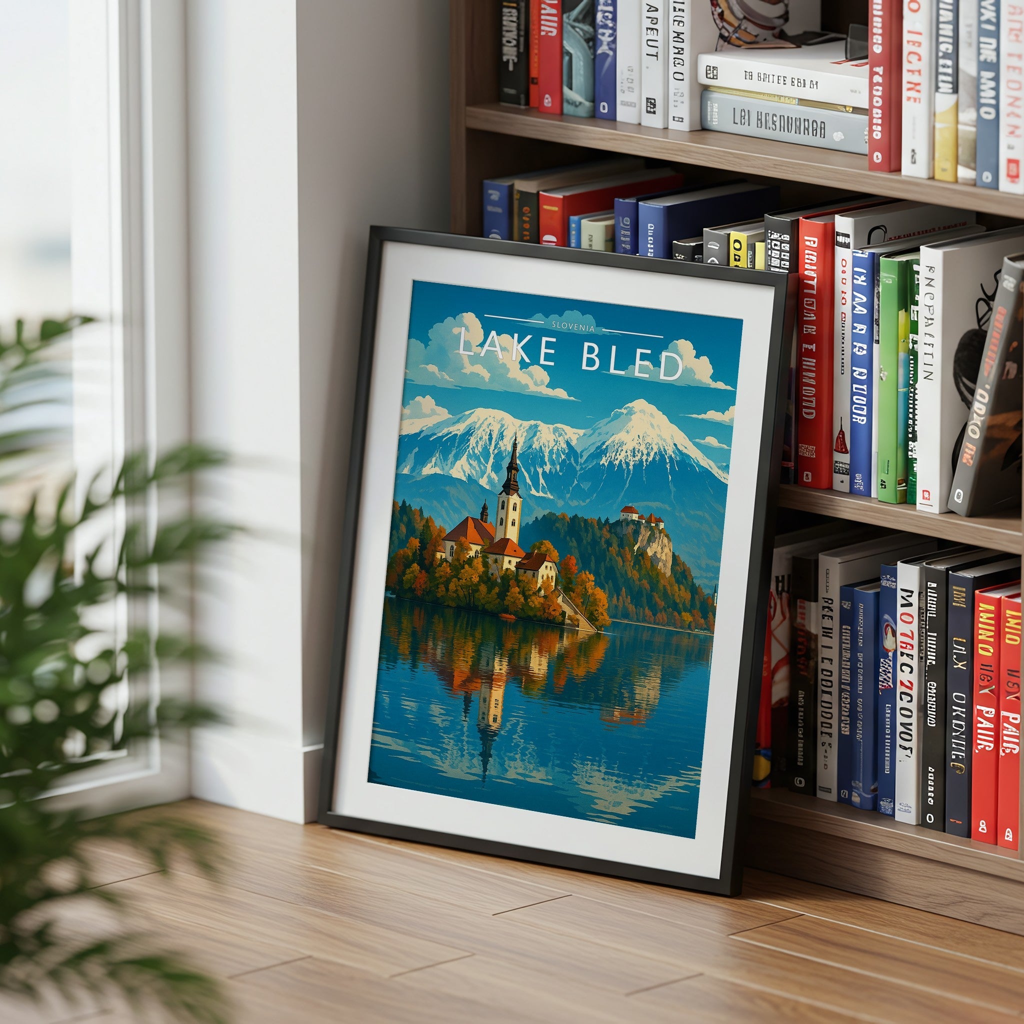 Lake Bled Travel Poster mounted in a black frame