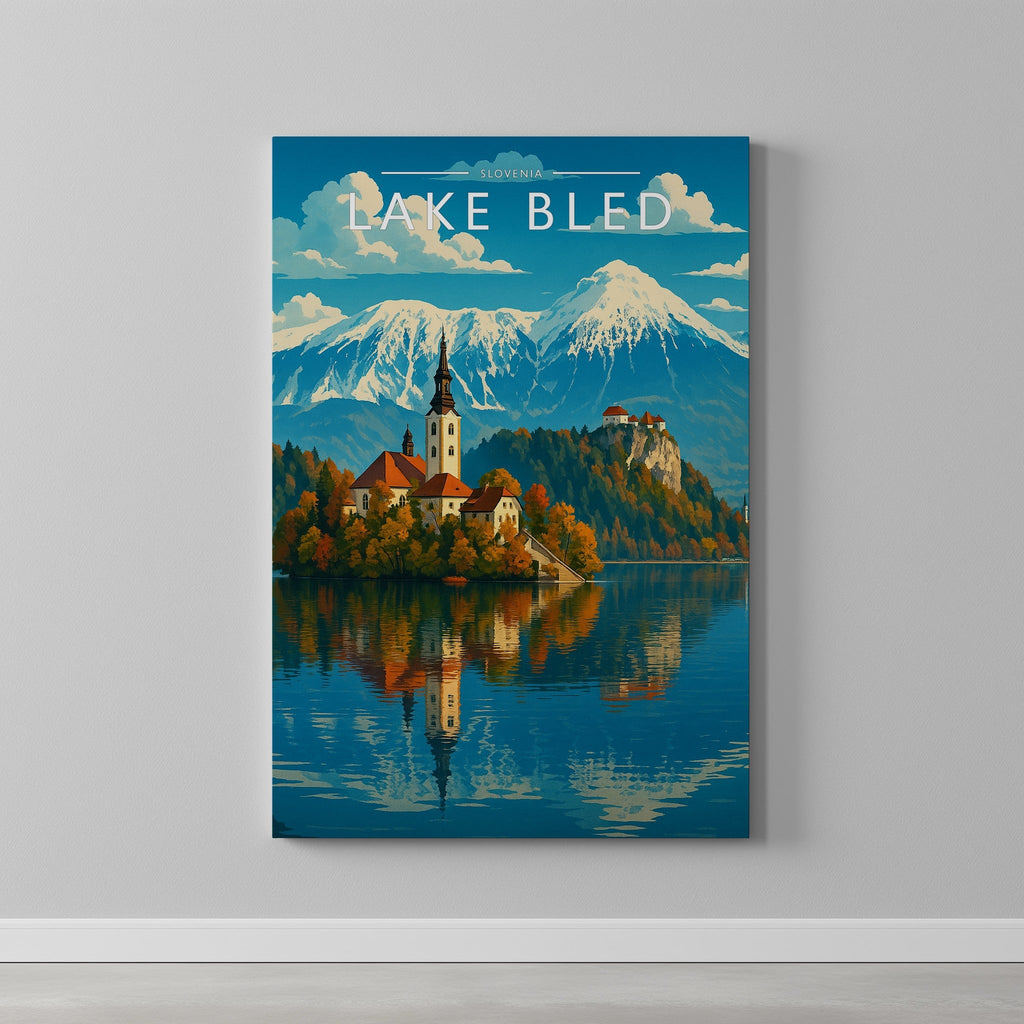 Lake Bled Travel Poster as a gallery-wrapped canvas on a plain wall