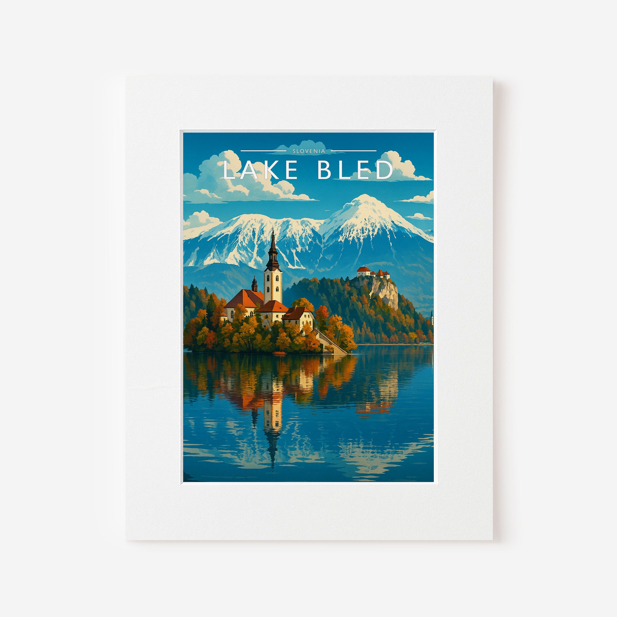 Lake Bled Travel Poster in a white mount