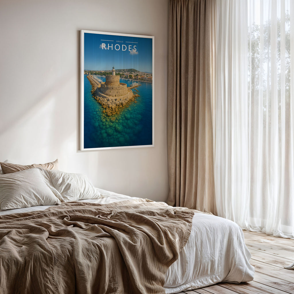 Rhodes Travel Poster framed on a bedroom wall