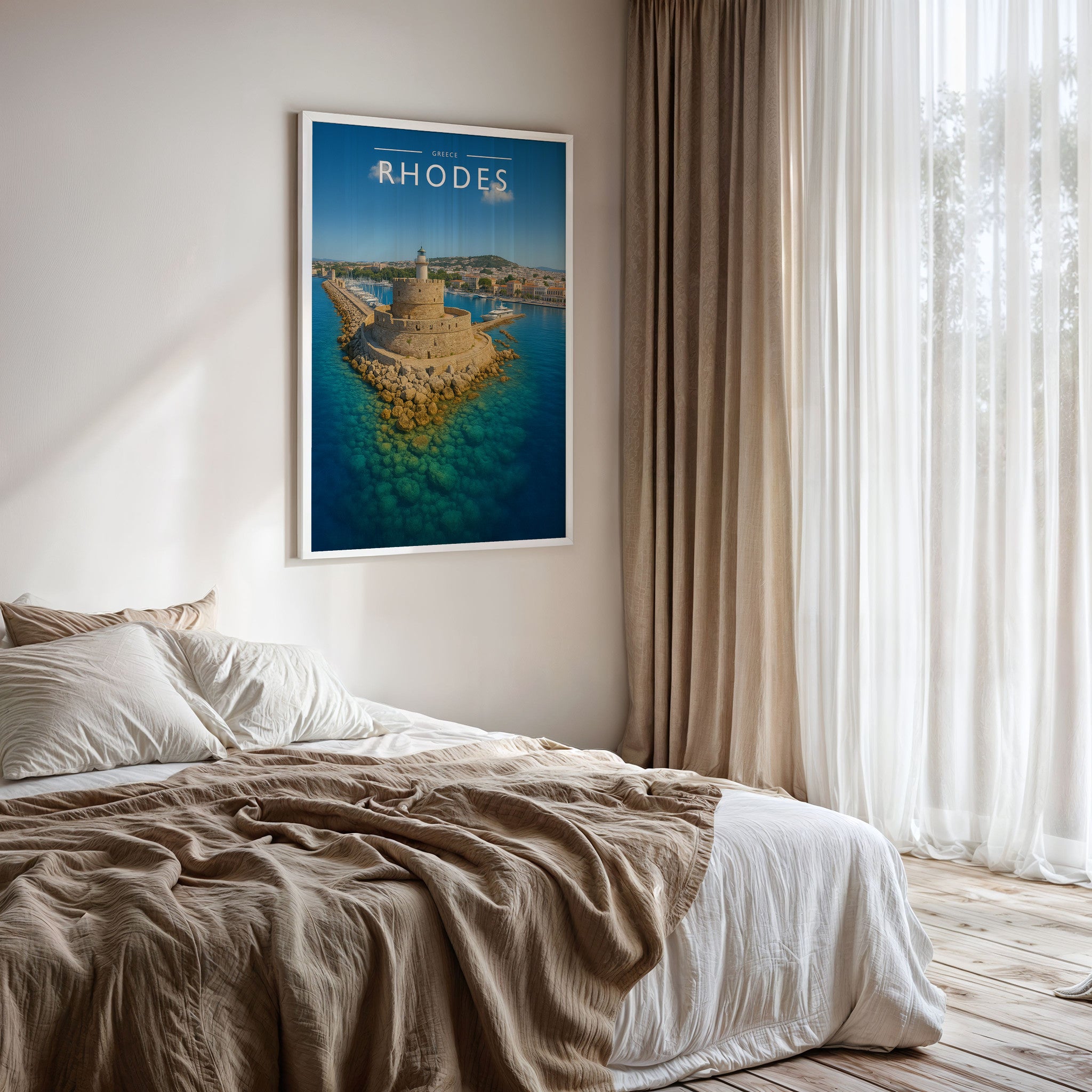 Rhodes Travel Poster framed on a bedroom wall