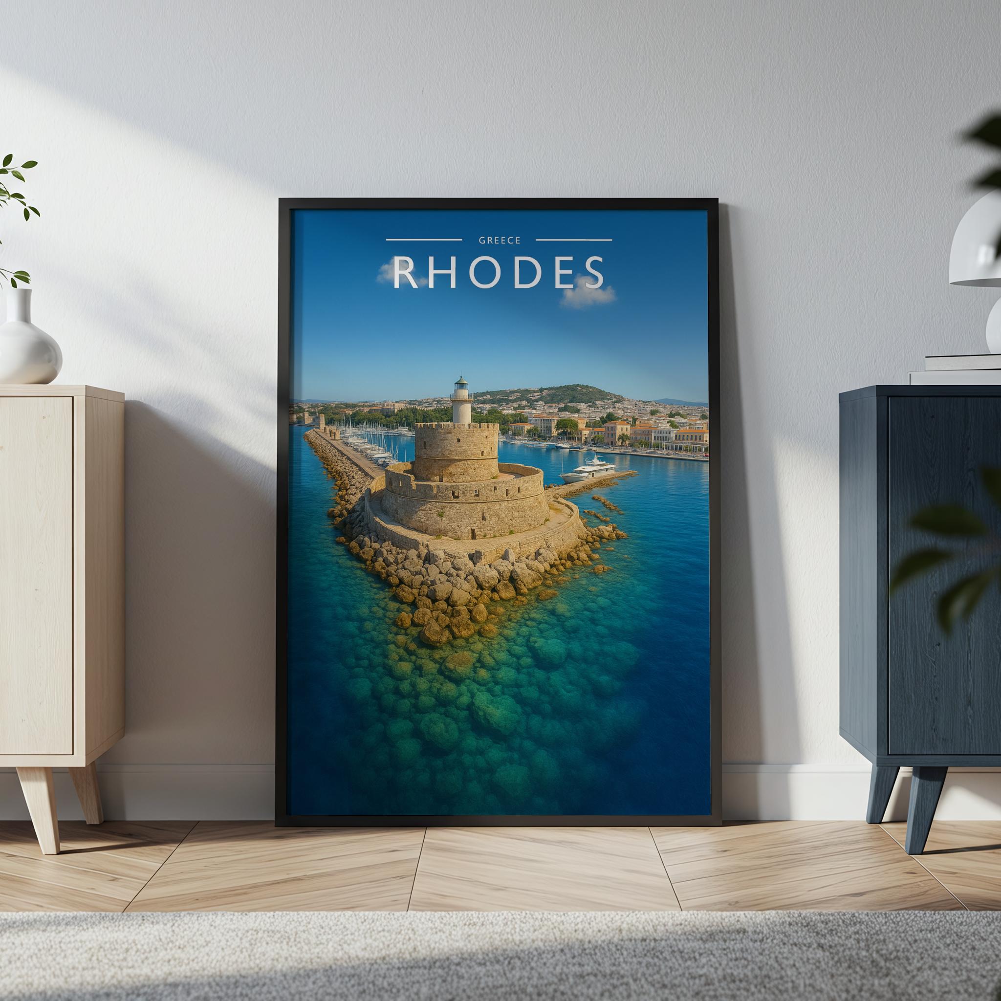 Rhodes Travel Poster in a black frame