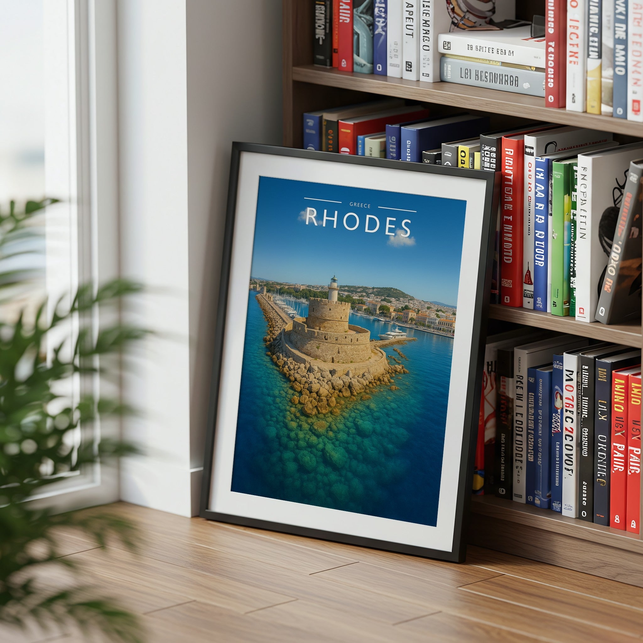 Rhodes Travel Poster mounted in a black frame