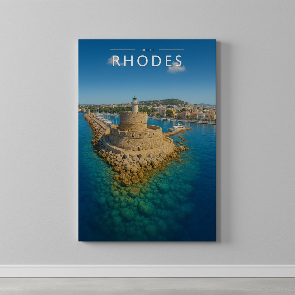 Rhodes Travel Poster as a gallery-wrapped canvas on a plain wall