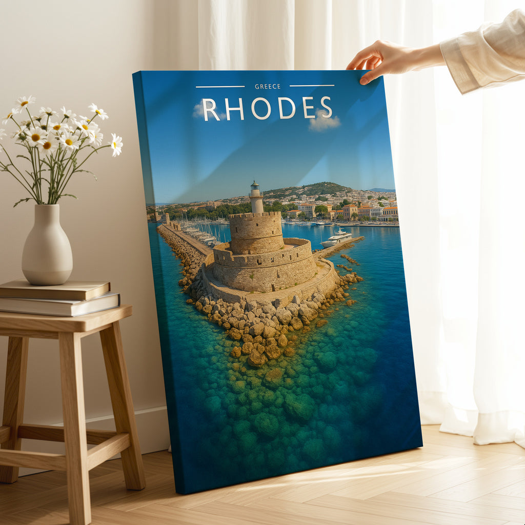 Rhodes Travel Poster as a gallery-wrapped canvas