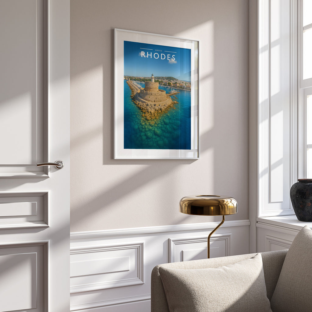 Rhodes Travel Poster in a white frame on a panelled wall