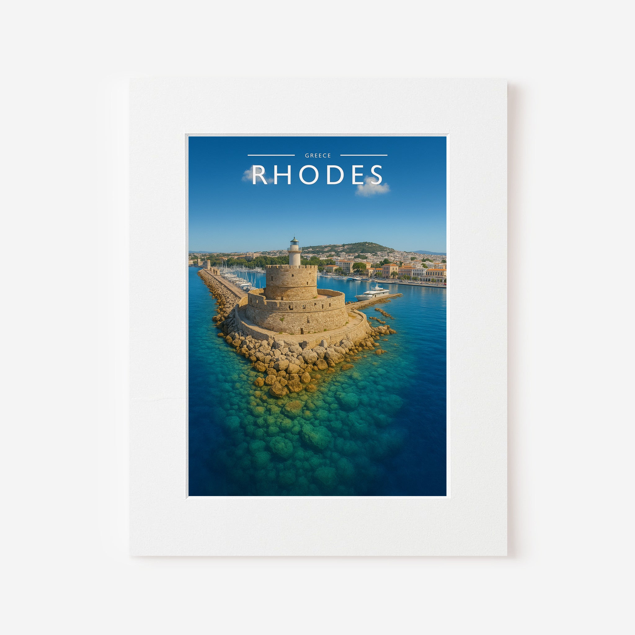 Rhodes Travel Poster in a white mount
