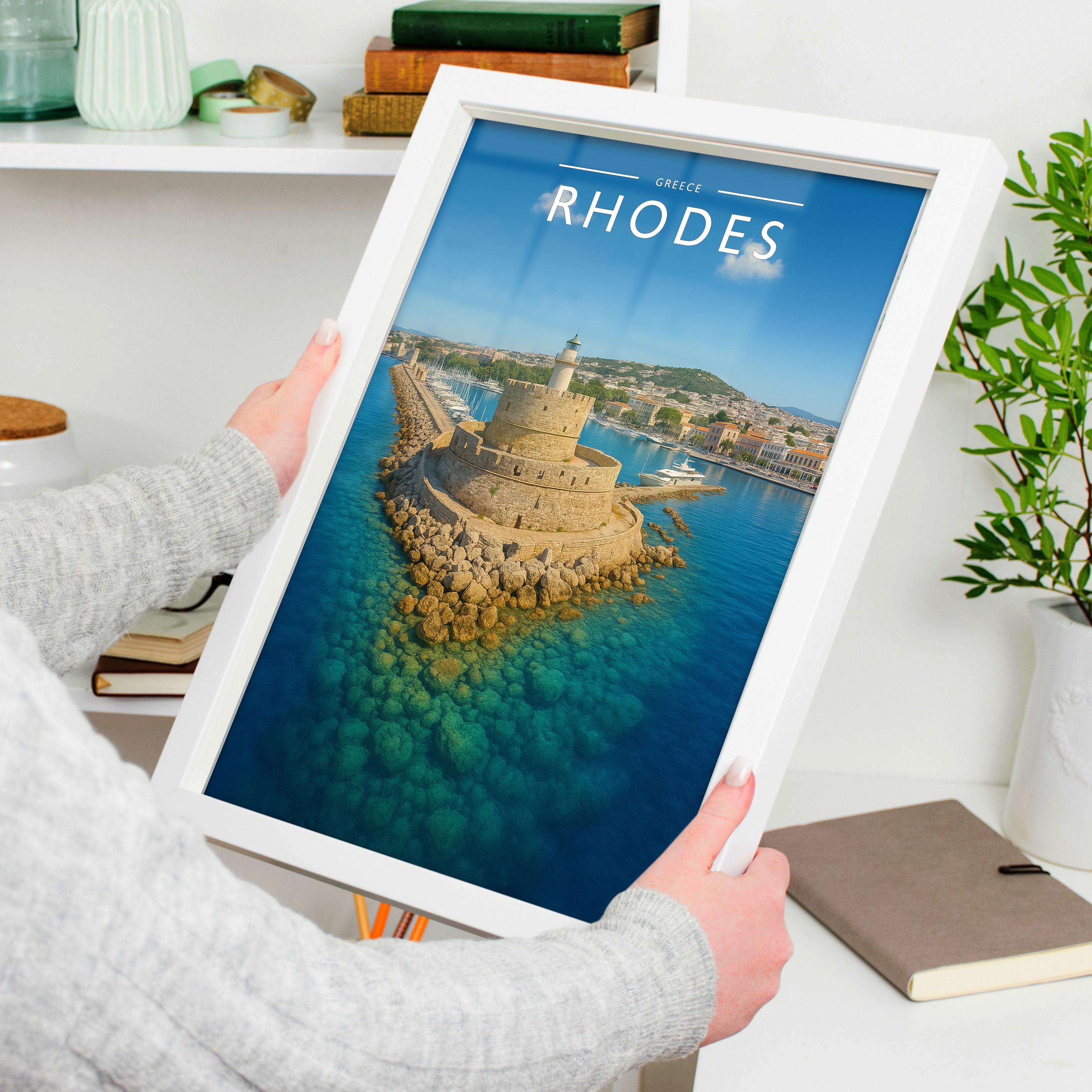 Rhodes Travel Poster held in a white frame
