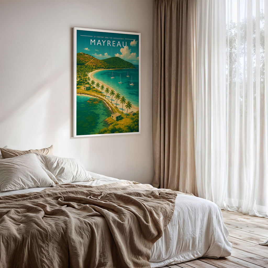 Mayreau Travel Poster framed on a bedroom wall