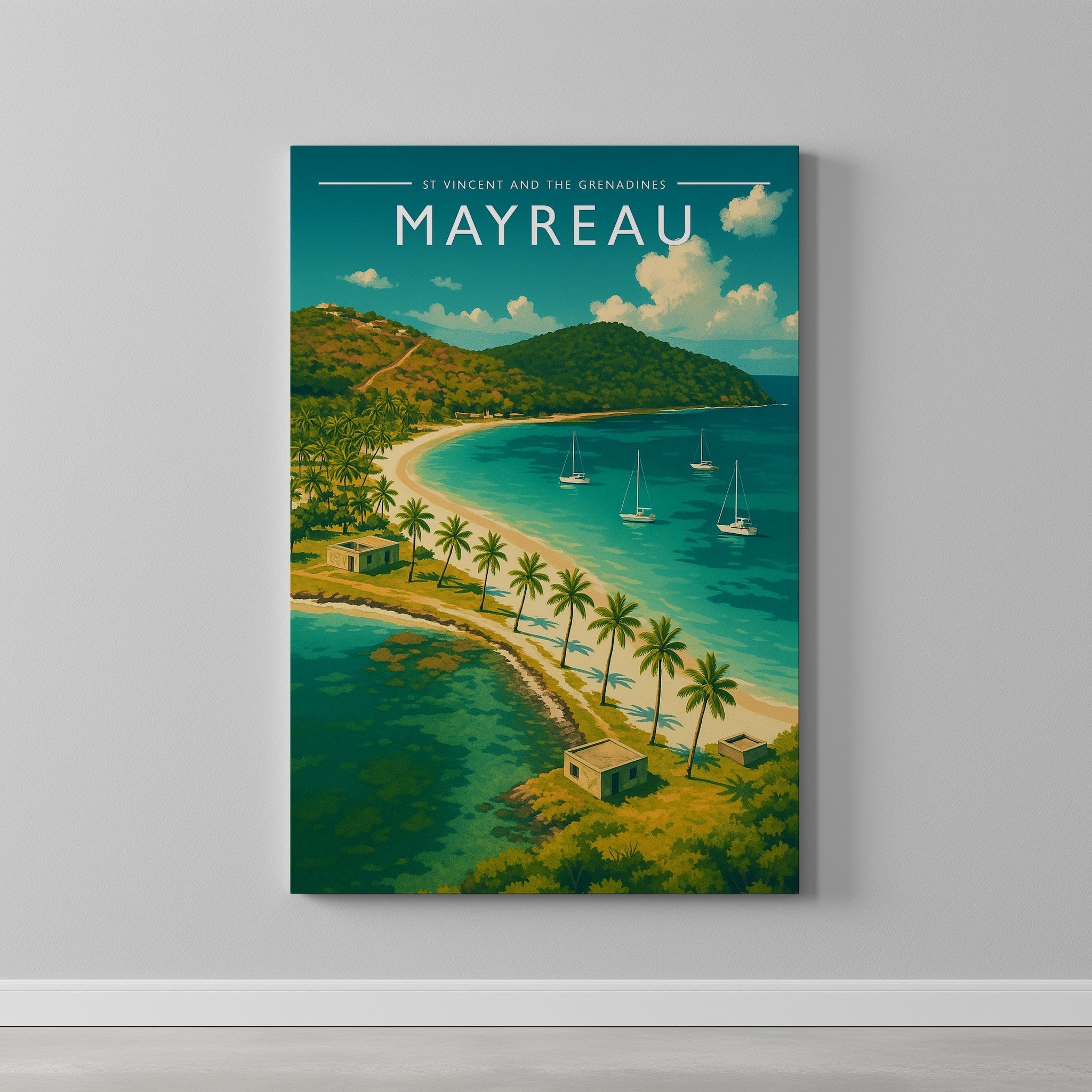 Mayreau Travel Poster as a gallery-wrapped canvas on a plain wall