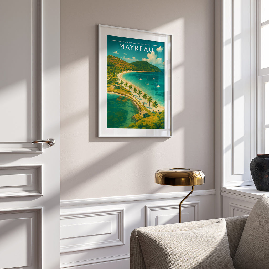 Mayreau Travel Poster in a white frame on a panelled wall