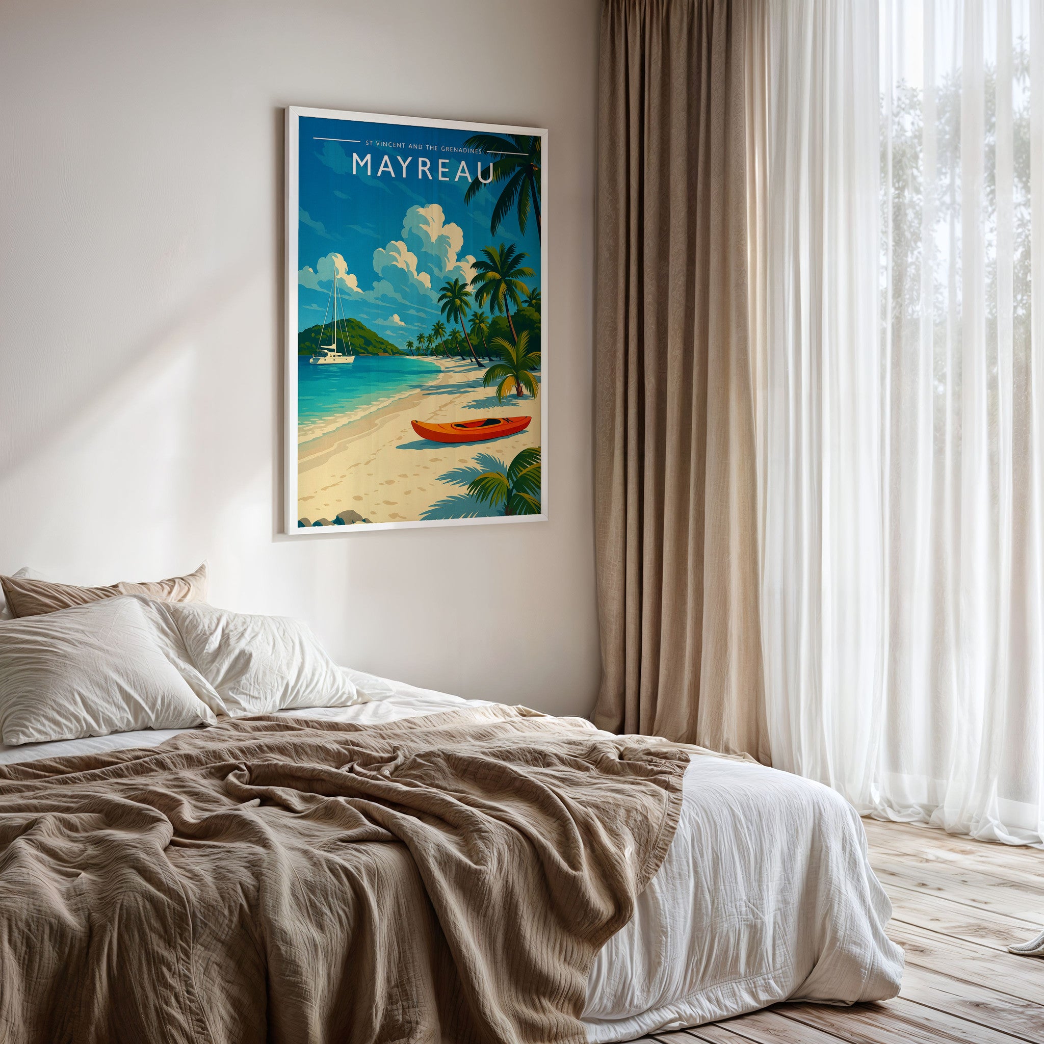 Mayreau #2 Travel Poster framed on a bedroom wall
