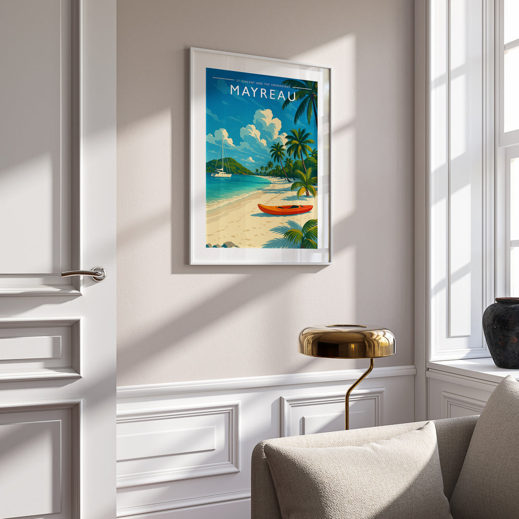 Mayreau #2 Travel Poster in a white frame on a panelled wall